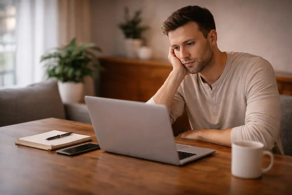 Person looking at a laptop, unsure