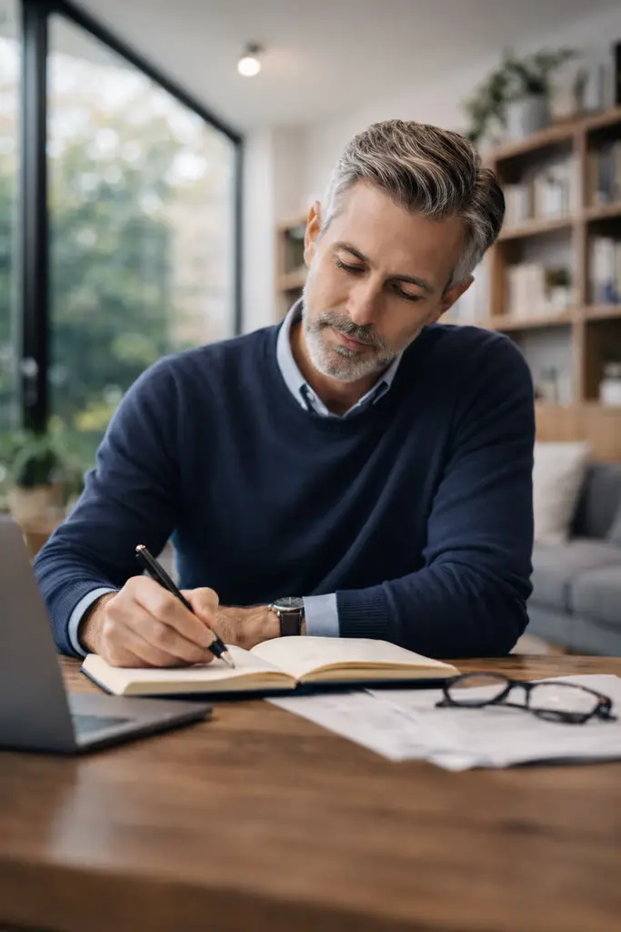 Experienced advisor writing in a notebook
