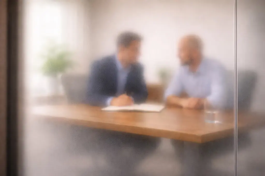 Private advisory meeting seen through frosted glass